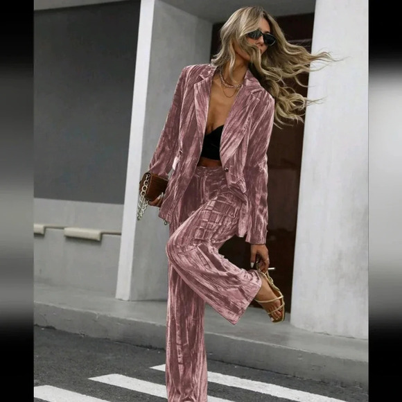 Powerful Elegant & Refined Velvet Crinkle Metallic Long Sleeve Blazer & Pants - Picture 1 of 6